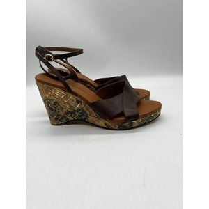 Wedge Shoes BELLINI Leather Brown Ankle Strap Brazil 100 Floral Heel 3" Size 7M